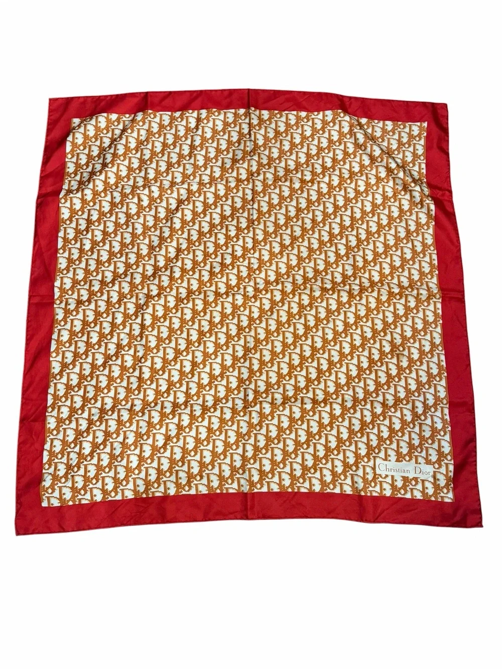 Dior Brown Logo Pattern Silk Scarf with Red Border